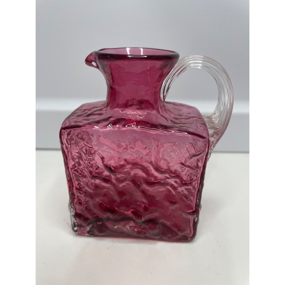 Vintage Pilgrim Crinkle Cranberry Glass Mini Pitcher Vase Applied Handle 4"H